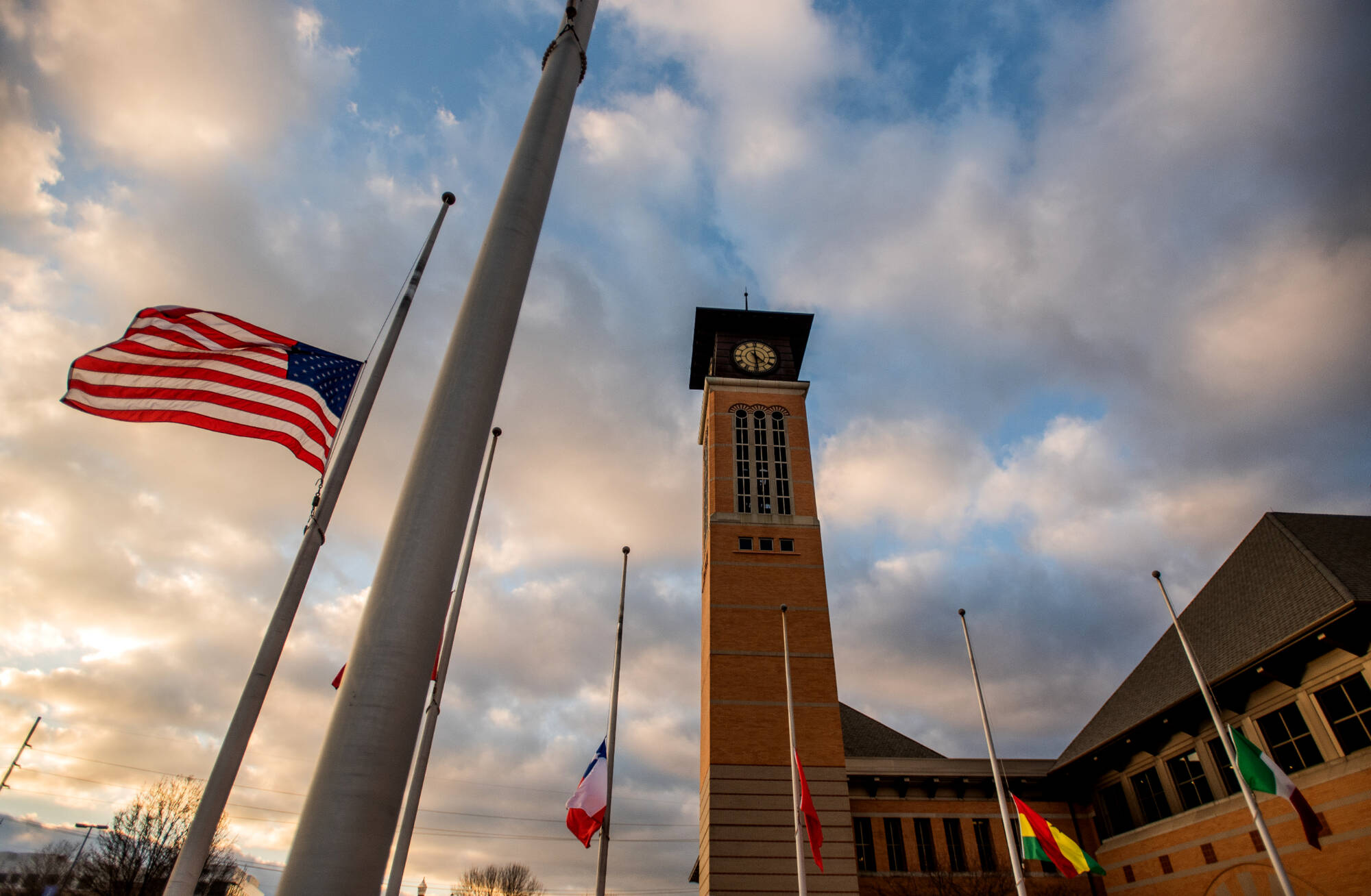 The American flag flew at half-staff to honor and mourn the more than 10,000 Michigan residents who have lost their lives due to the coronavirus (COVID-19) on Grand Valley State University’s Pew Campus on December 15, 2020.